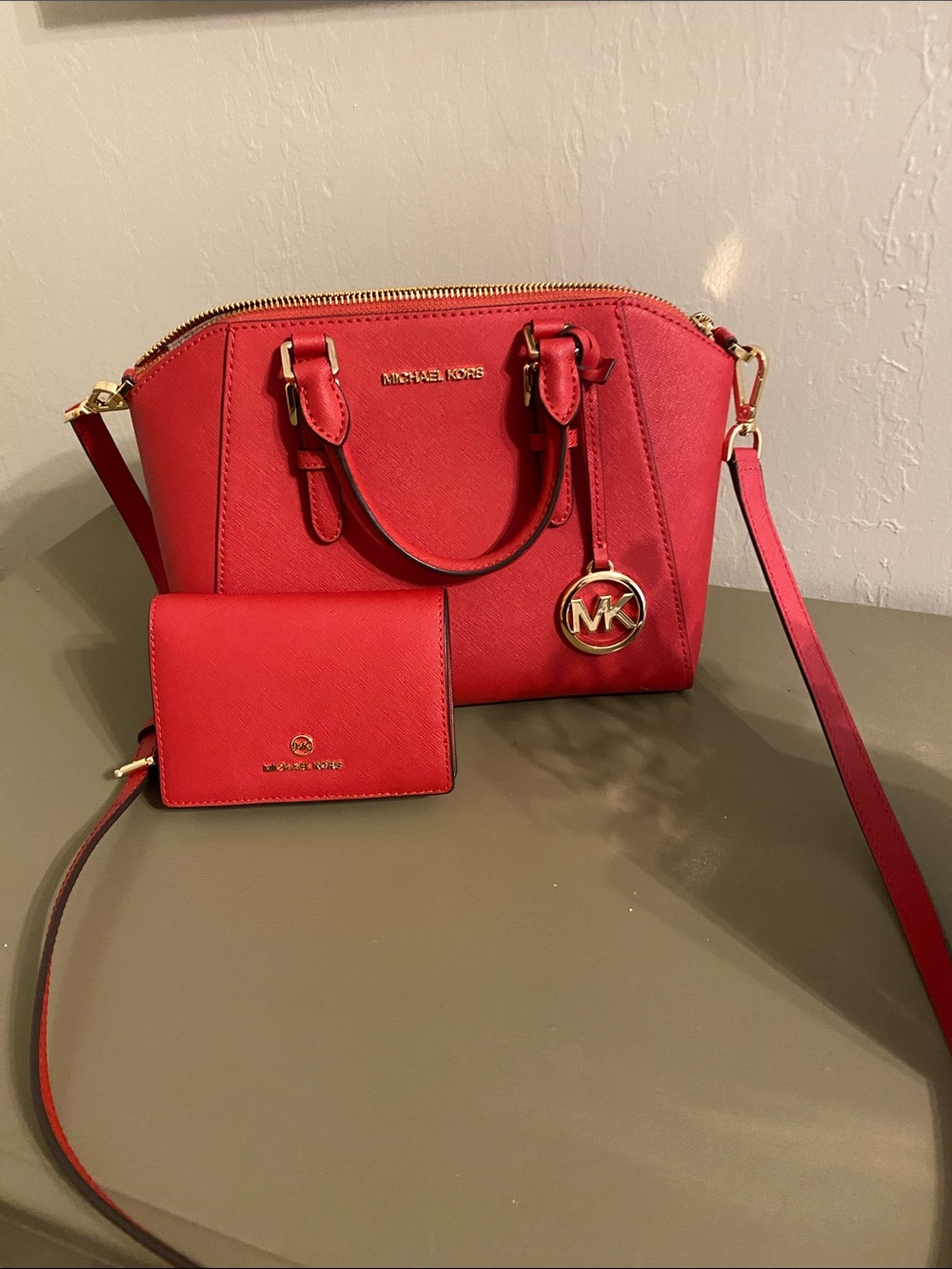 Michael Kors Red Saffiano Leather Satchel with Matching Wallet and Gold Hardware